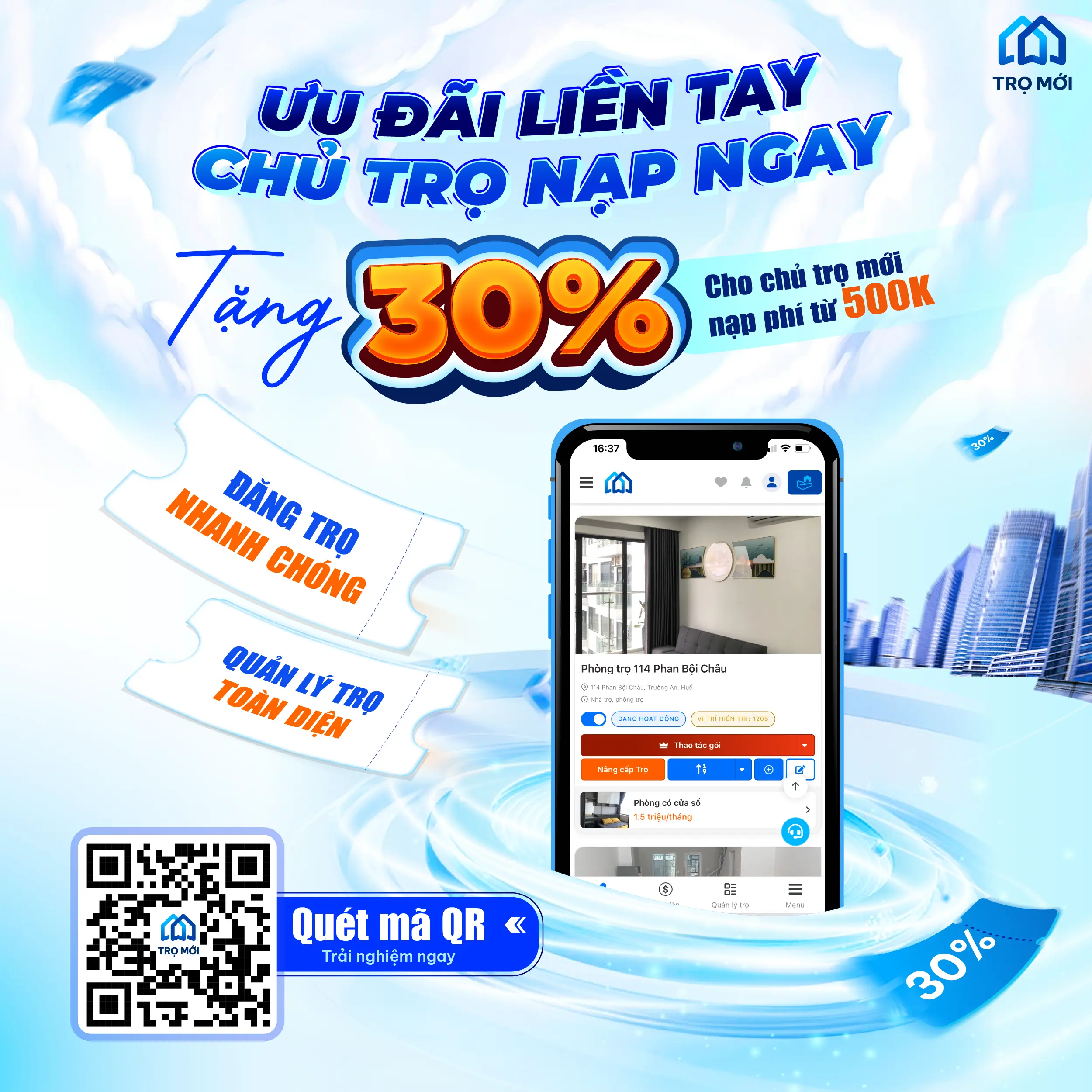 Tặng 30% cho chủ trọ mới nạp từ 500k