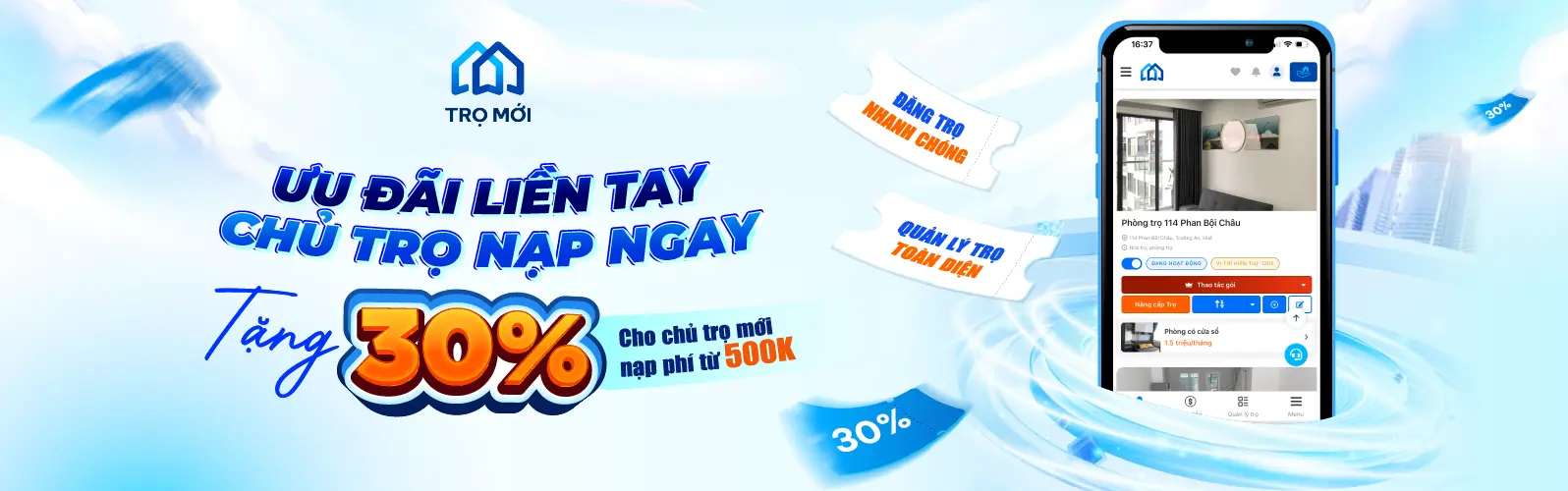 Tặng 30% cho chủ trọ mới nạp phí từ 500k