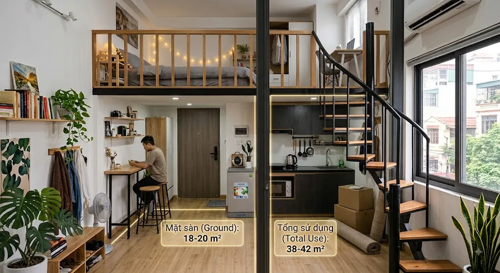Diện t&iacute;ch ph&ograve;ng trọ Duplex