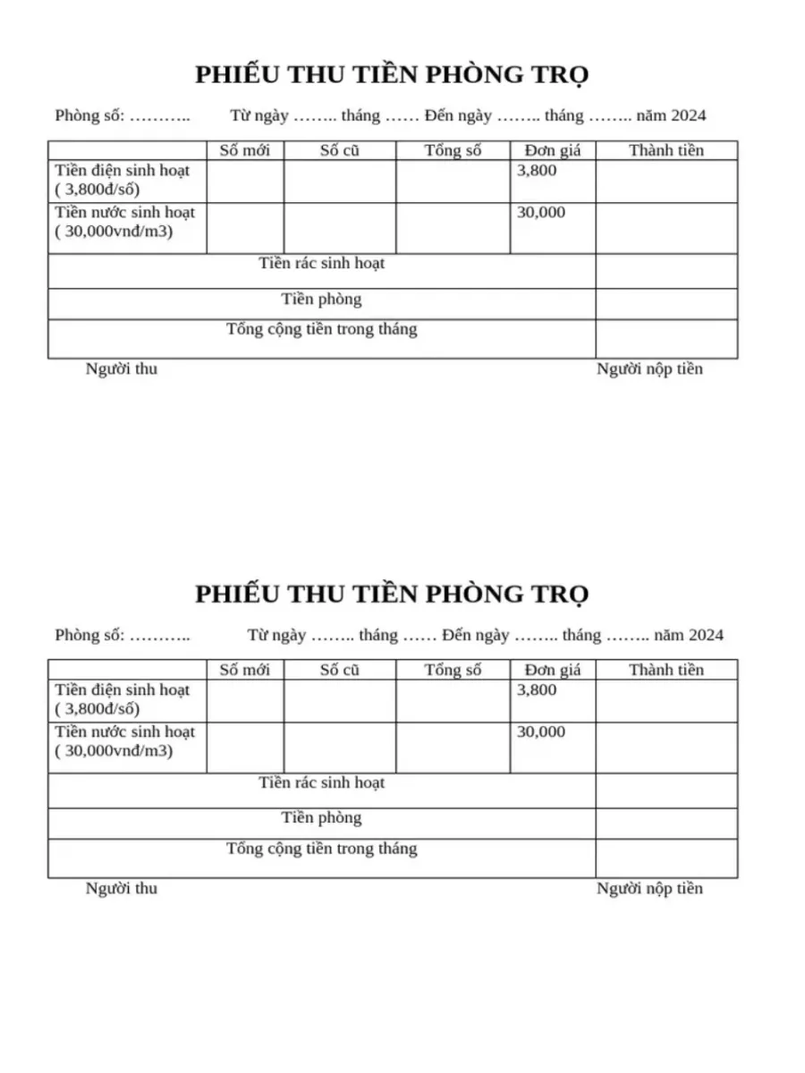 mẫu phiếu thu tiền ph&ograve;ng trọ​