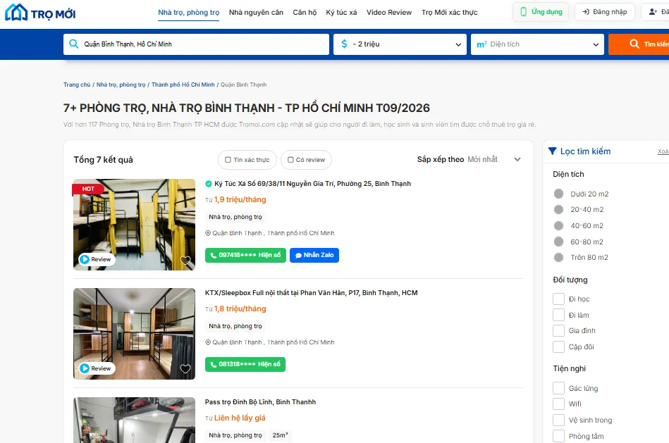 Phòng trọ Bình Thạnh 2 Triệu tại Trọ Mới