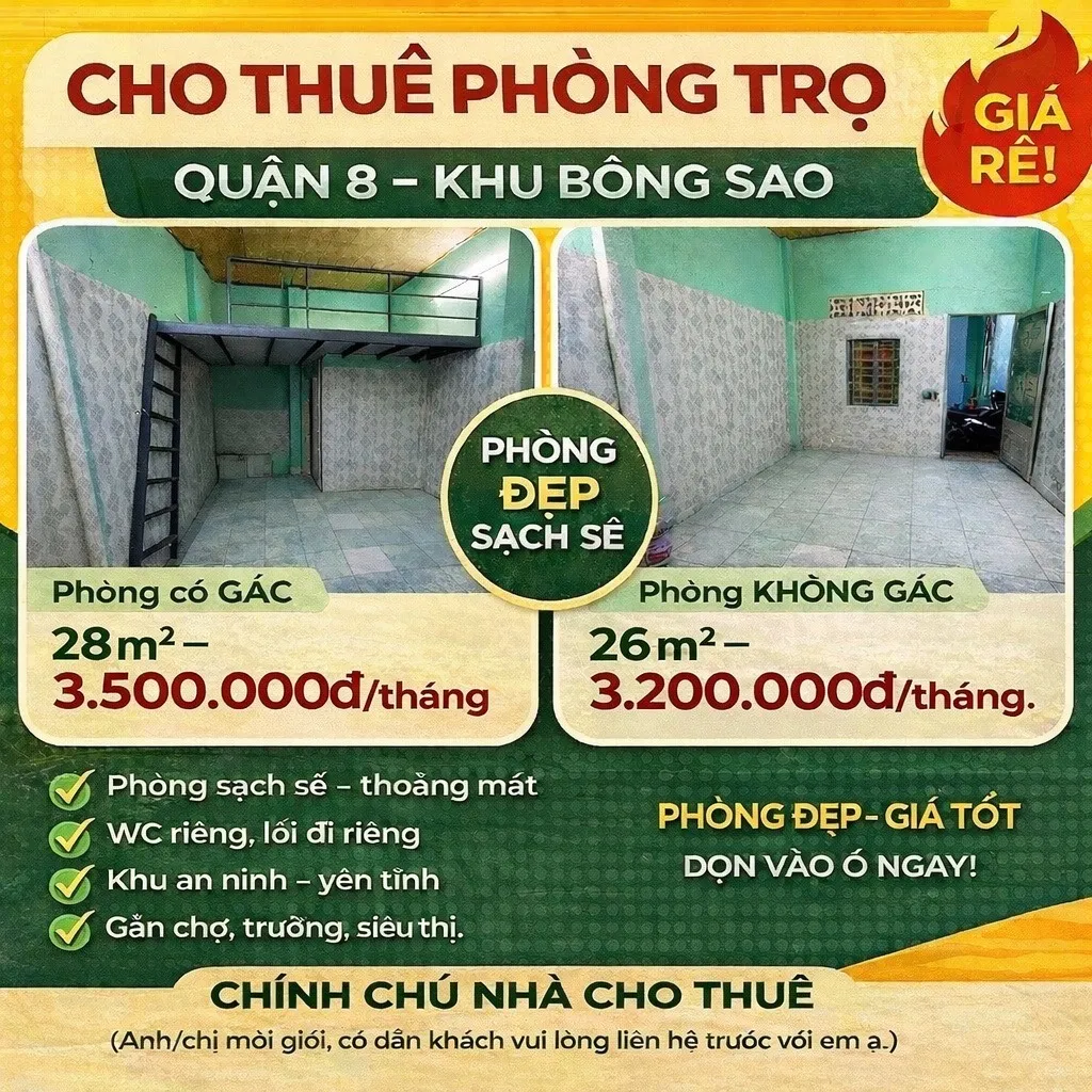Phòng trọ tại Hẻm 74 Bông Sao, Phường 5, Quận 8