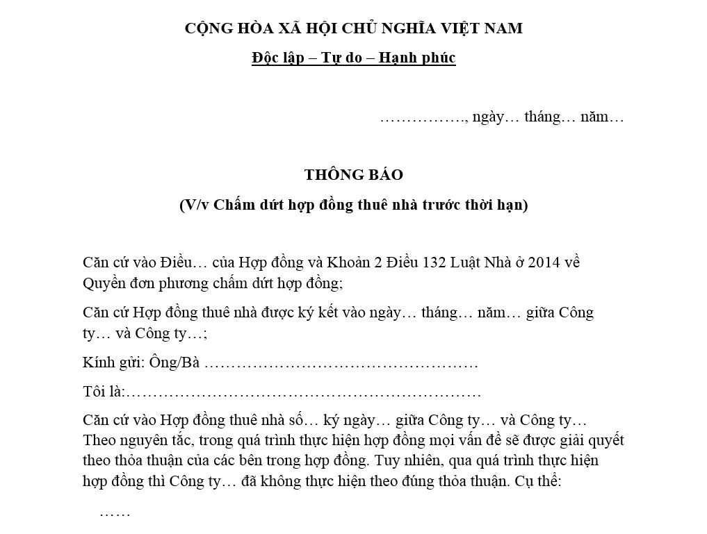 quyết định chấm dứt hợp đồng trước thời hạn