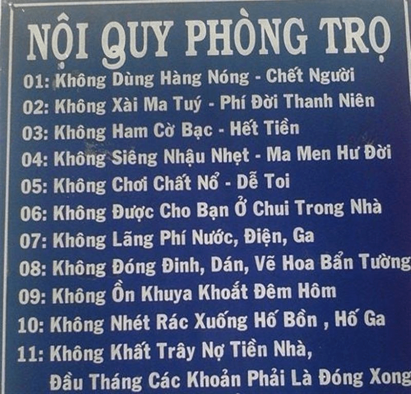 nội quy phòng trọ sinh viên bá đạo